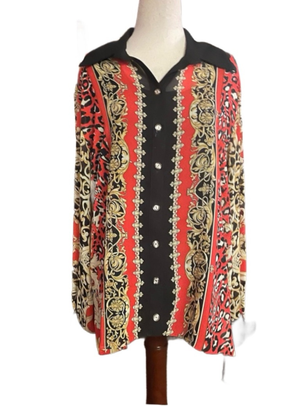 Vipavadee ~ Women’s Large ~ Safari ~ Red/ Gold/ Black ~ Long Sleeve Blouse